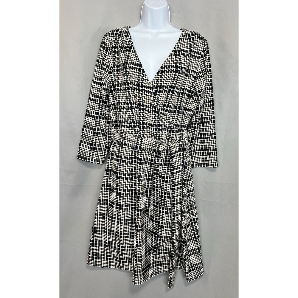 Lands' End Black & Brown Houndstooth Faux Wrap Dress Size Large (14-16)